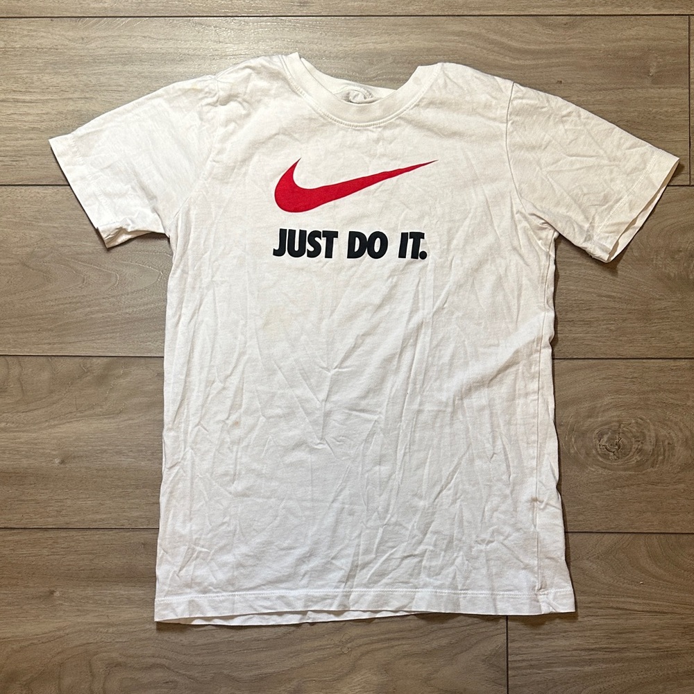 Nike White Tee with Red Swoosh and Black Text